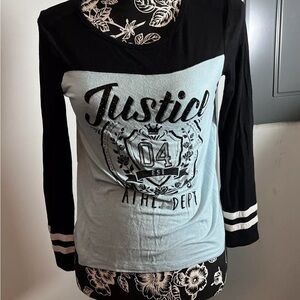 Justice Long Sleeve Shirt Logo #4 Baby Blue Black White Size 12